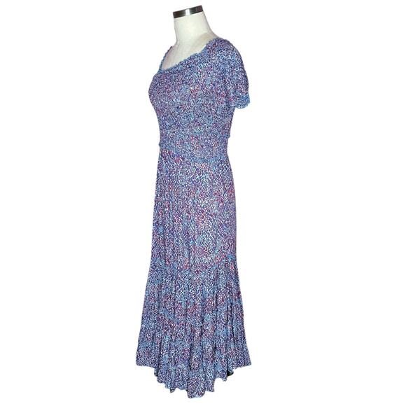 POUPETTE ST BARTH Soledad Off Shoulder Blue Red Purple Patterned Midi Dress XS - Picture 2 of 8